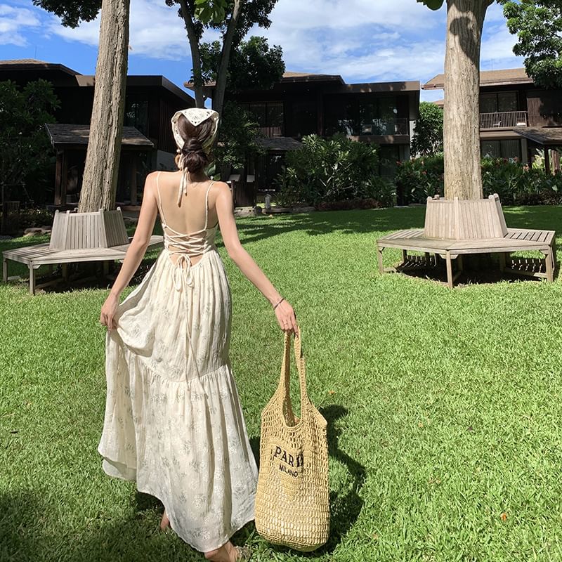 Back Dress Spaghetti Open Strap Floral Accent Bow Maxi Neck Print Square A-Line