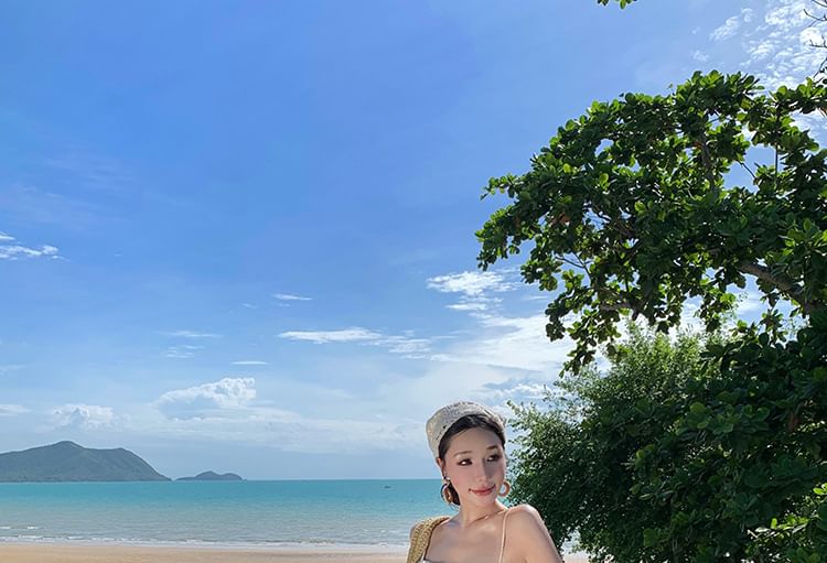 Back Dress Spaghetti Open Strap Floral Accent Bow Maxi Neck Print Square A-Line