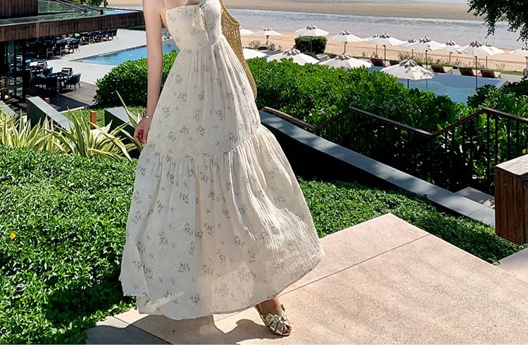 Back Dress Spaghetti Open Strap Floral Accent Bow Maxi Neck Print Square A-Line