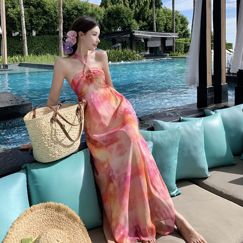 Open Accent Dress Tie Back Maxi A-Line Neck Dye Floral Halter Ruched