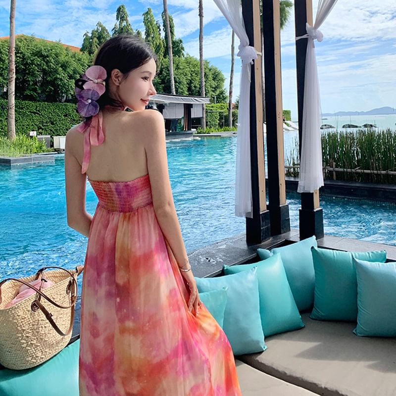 Open Accent Dress Tie Back Maxi A-Line Neck Dye Floral Halter Ruched