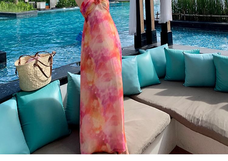 Open Accent Dress Tie Back Maxi A-Line Neck Dye Floral Halter Ruched