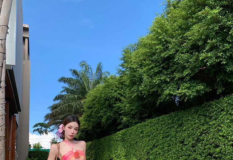 Open Accent Dress Tie Back Maxi A-Line Neck Dye Floral Halter Ruched