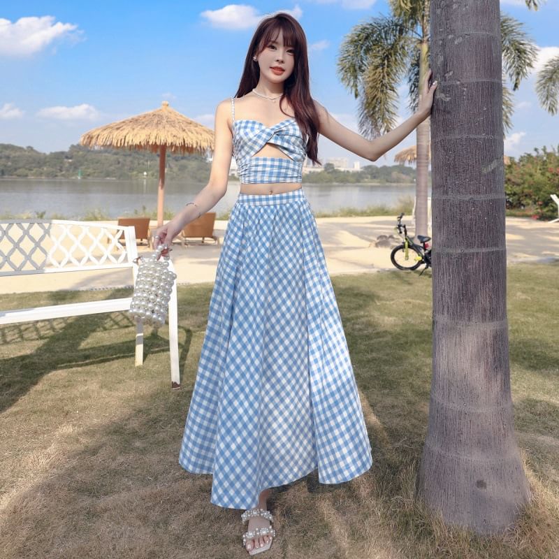 Open Waist + Top Skirt Gingham Midi Set: A-Line V-Neck Crop Ruched High Back Cutout Camisole
