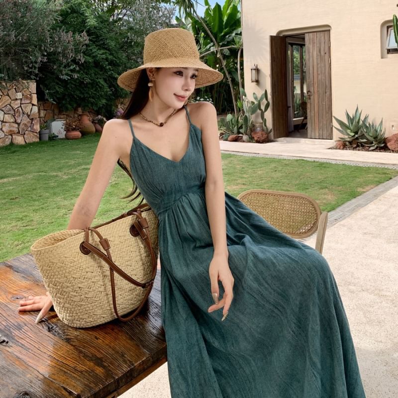 Dress Dye Tie Open Spaghetti Back A-Line Ruched Strap V-Neck Maxi