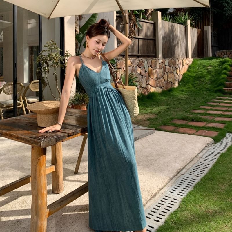 Dress Dye Tie Open Spaghetti Back A-Line Ruched Strap V-Neck Maxi