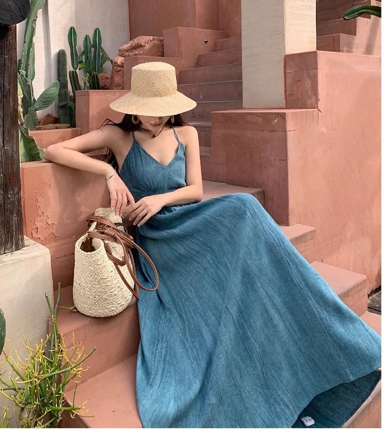 Dress Dye Tie Open Spaghetti Back A-Line Ruched Strap V-Neck Maxi