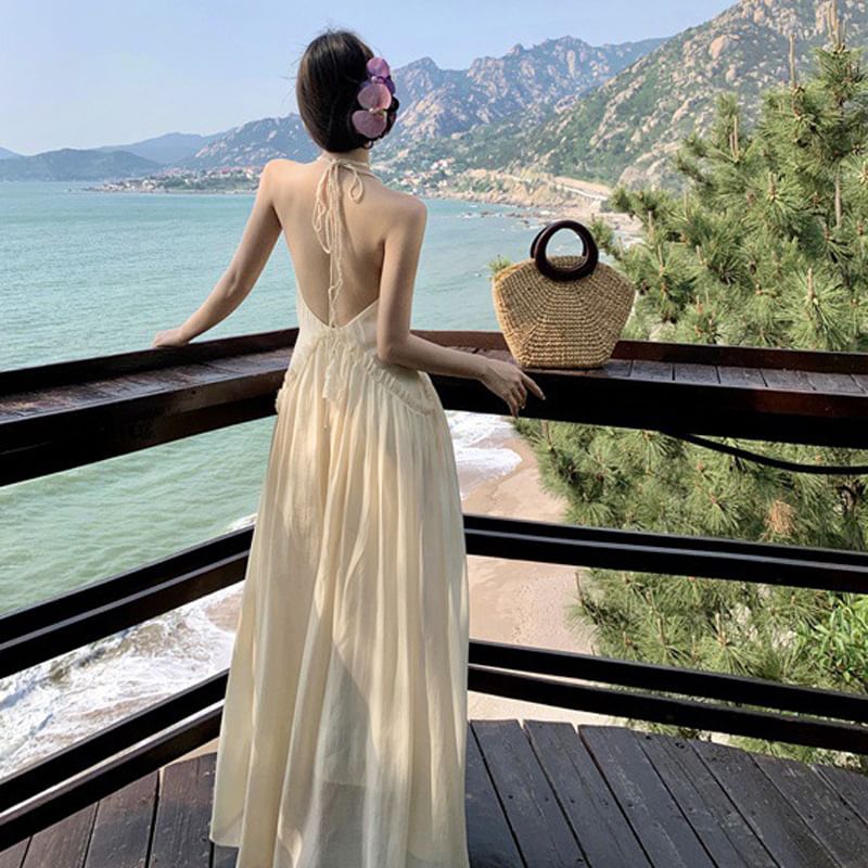 Frill Halter Plain Trim V-Neck Open Ruched Back A-Line Dress Maxi