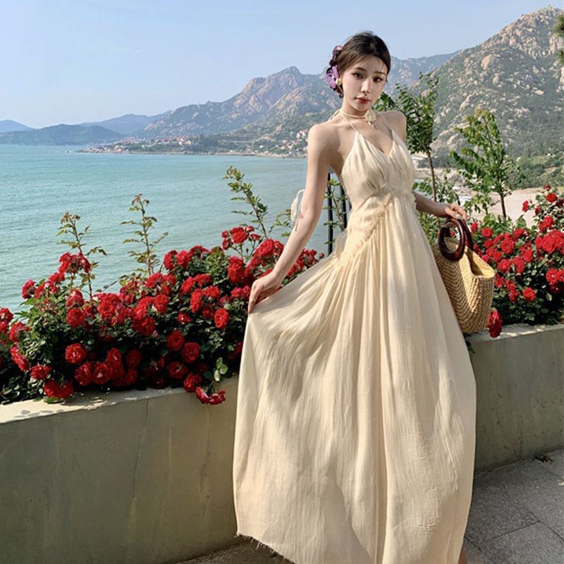 Frill Halter Plain Trim V-Neck Open Ruched Back A-Line Dress Maxi