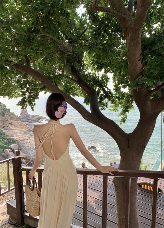 Frill Halter Plain Trim V-Neck Open Ruched Back A-Line Dress Maxi