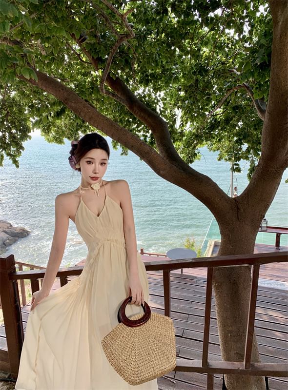 Frill Halter Plain Trim V-Neck Open Ruched Back A-Line Dress Maxi