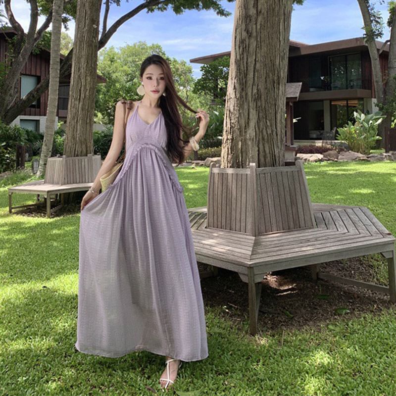 Halter Trim Maxi V-Neck Frill Open Dress Plain A-Line Back