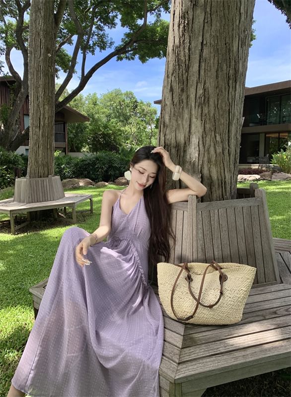 Halter Trim Maxi V-Neck Frill Open Dress Plain A-Line Back