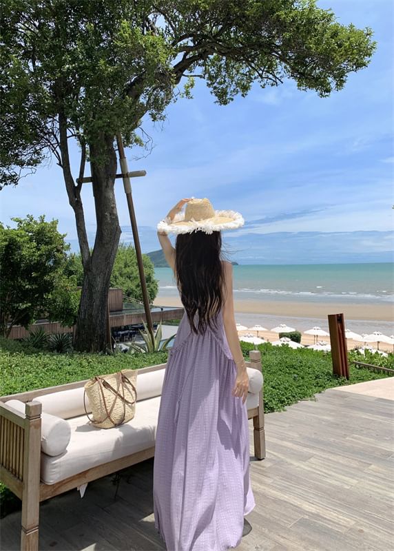 Halter Trim Maxi V-Neck Frill Open Dress Plain A-Line Back