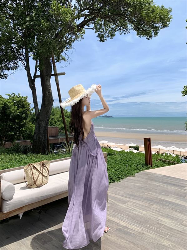 Halter Trim Maxi V-Neck Frill Open Dress Plain A-Line Back