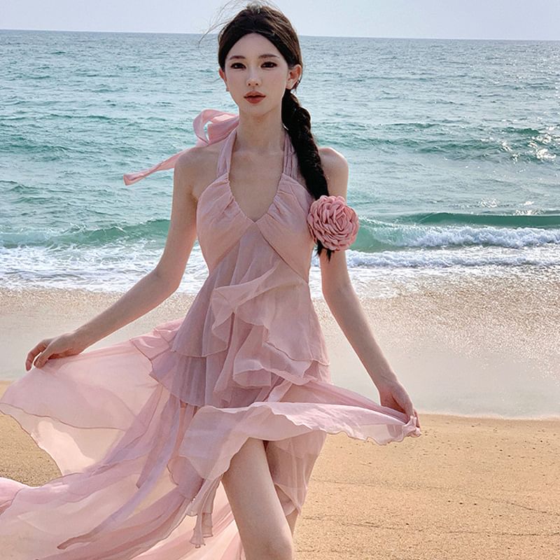 Open Back Plain Top Halter Set: Asymmetrical Layered Ruffle A-Line Skirt Rise + High V-Neck