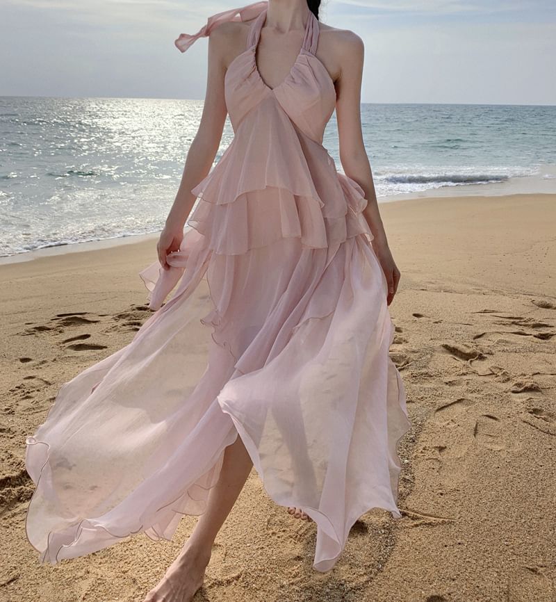 Open Back Plain Top Halter Set: Asymmetrical Layered Ruffle A-Line Skirt Rise + High V-Neck