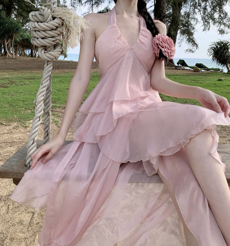 Open Back Plain Top Halter Set: Asymmetrical Layered Ruffle A-Line Skirt Rise + High V-Neck