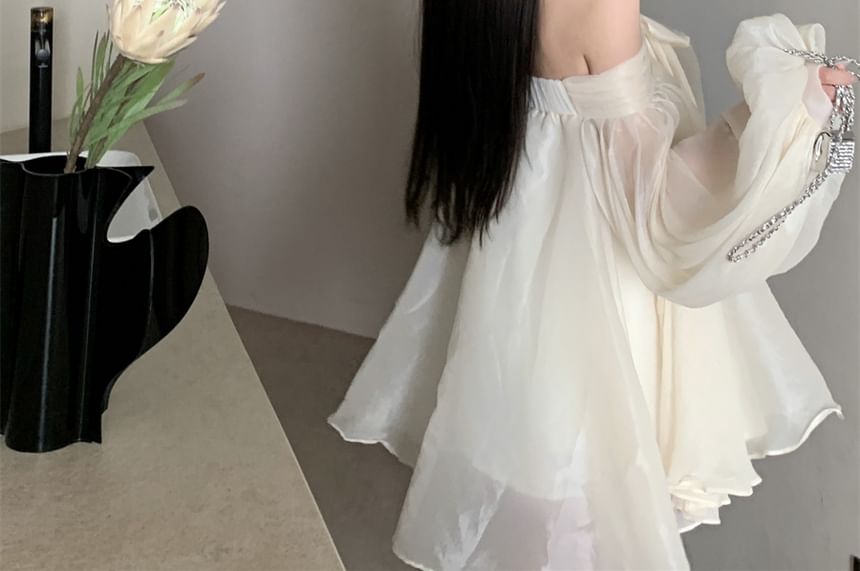 Tunic Long-Sleeve Off-Shoulder Dress Bow Ruched Accent Plain