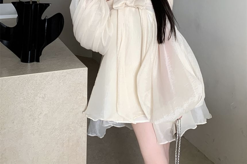 Tunic Long-Sleeve Off-Shoulder Dress Bow Ruched Accent Plain