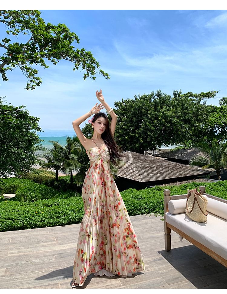 Halter Neck Dress Print Maxi Cutout Pleated Floral Back A-Line Open