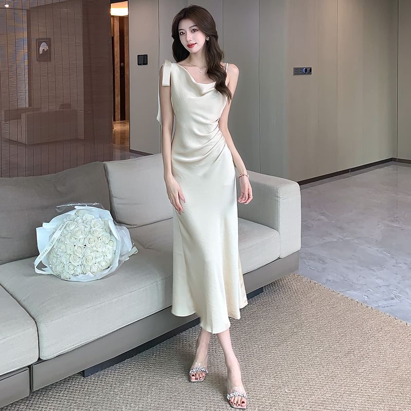 Asymmetrical Midi Sleeveless Cowl Dress Neck Plain Satin Ruched Mermaid