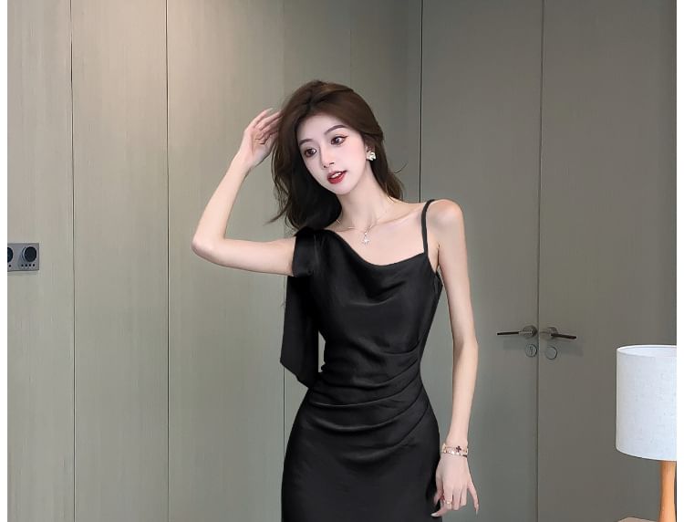 Asymmetrical Midi Sleeveless Cowl Dress Neck Plain Satin Ruched Mermaid