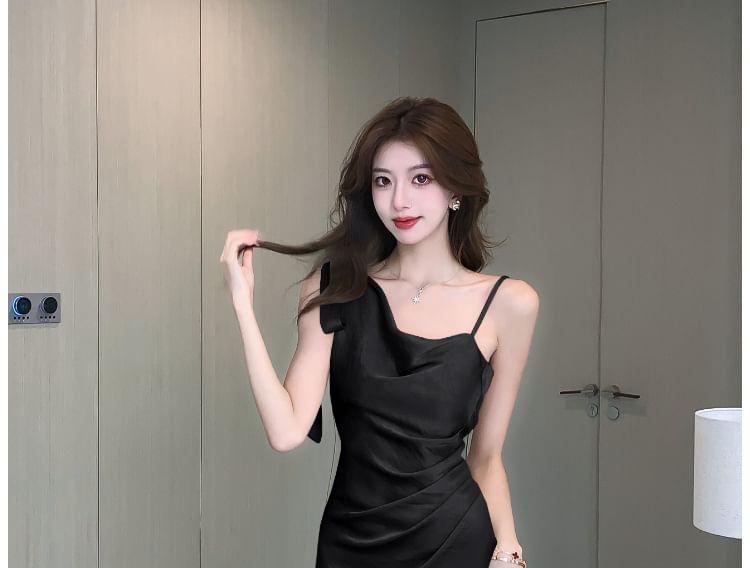 Asymmetrical Midi Sleeveless Cowl Dress Neck Plain Satin Ruched Mermaid