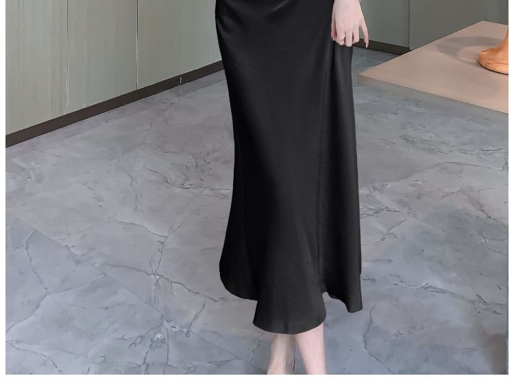 Asymmetrical Midi Sleeveless Cowl Dress Neck Plain Satin Ruched Mermaid