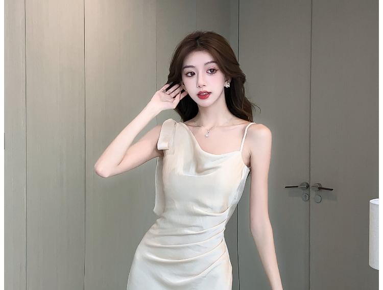 Asymmetrical Midi Sleeveless Cowl Dress Neck Plain Satin Ruched Mermaid
