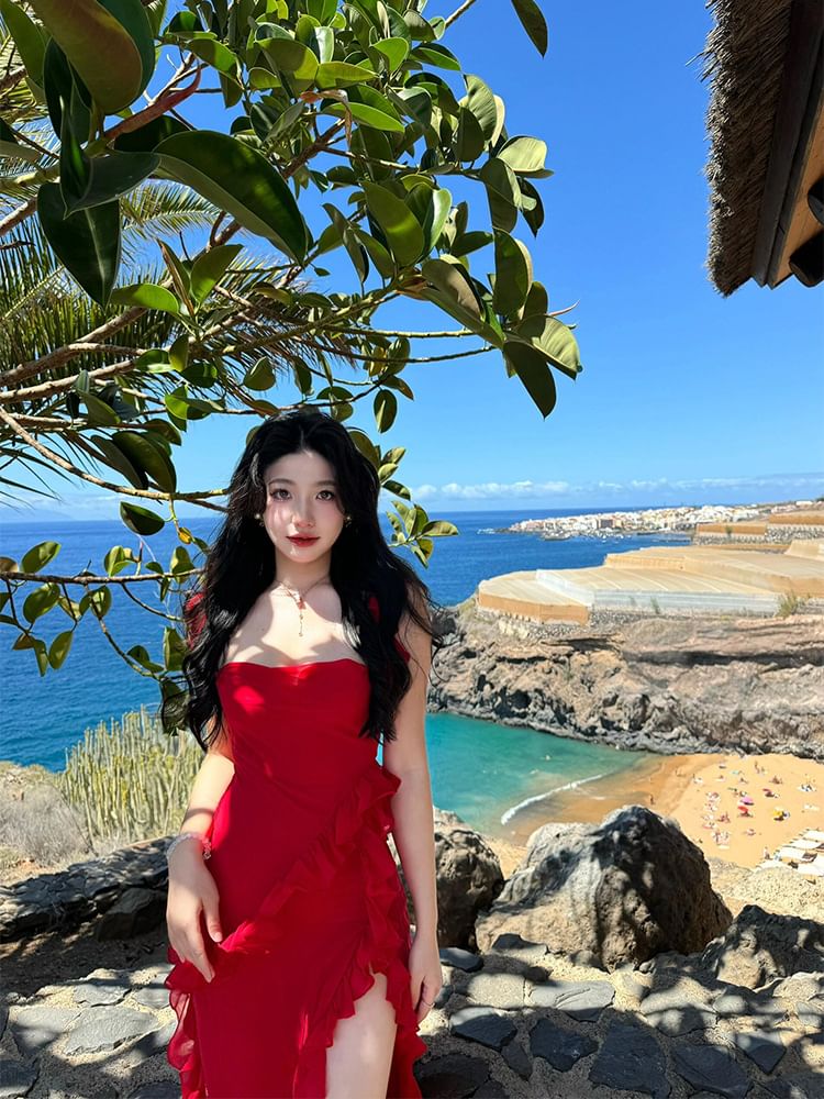 Open Ruffle Slit Back Dress Square Bodycon Plain Maxi Sleeveless Neck Trim