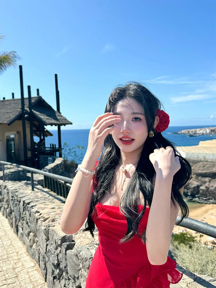 Open Ruffle Slit Back Dress Square Bodycon Plain Maxi Sleeveless Neck Trim