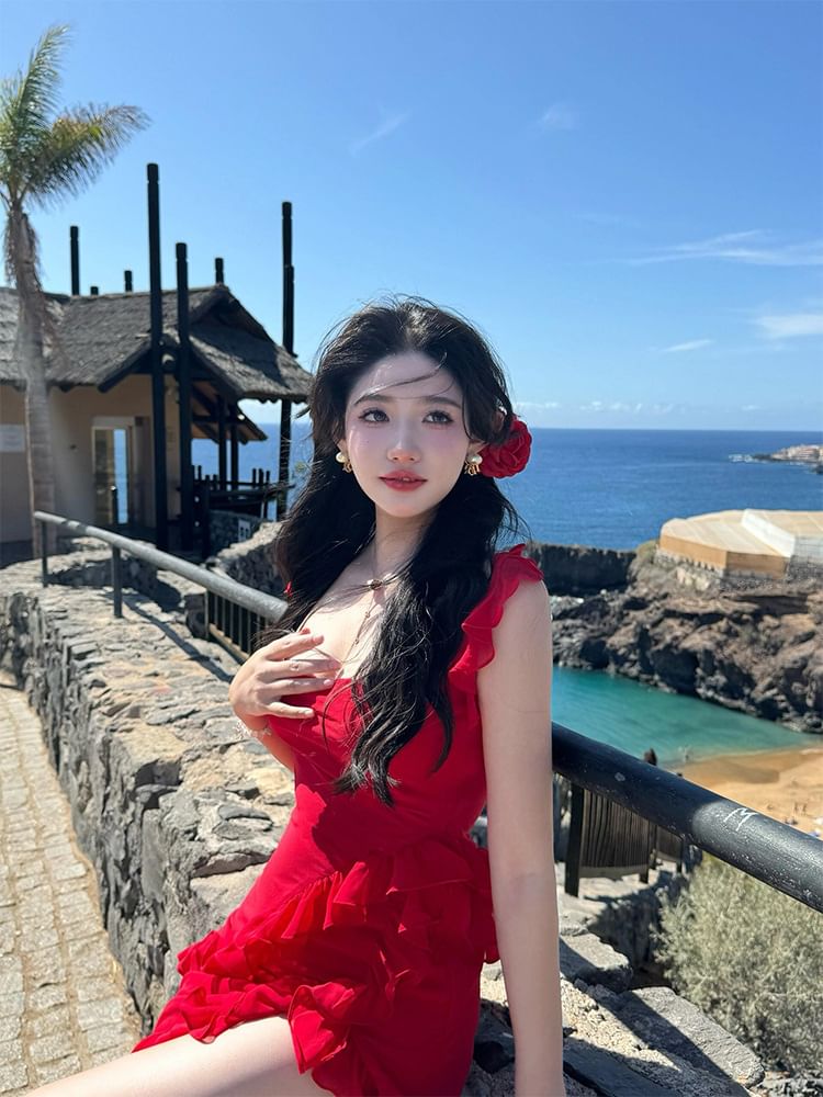 Open Ruffle Slit Back Dress Square Bodycon Plain Maxi Sleeveless Neck Trim