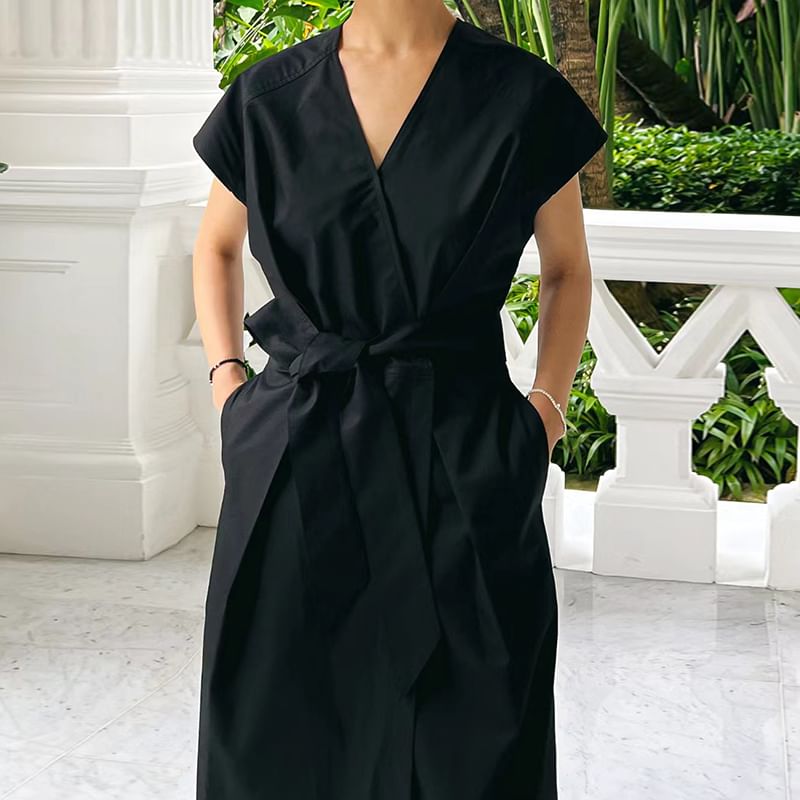 Crew Neck Puff-Sleeve Solid A-Line Maxi Dress