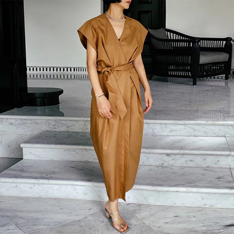 Crew Neck Puff-Sleeve Solid A-Line Maxi Dress