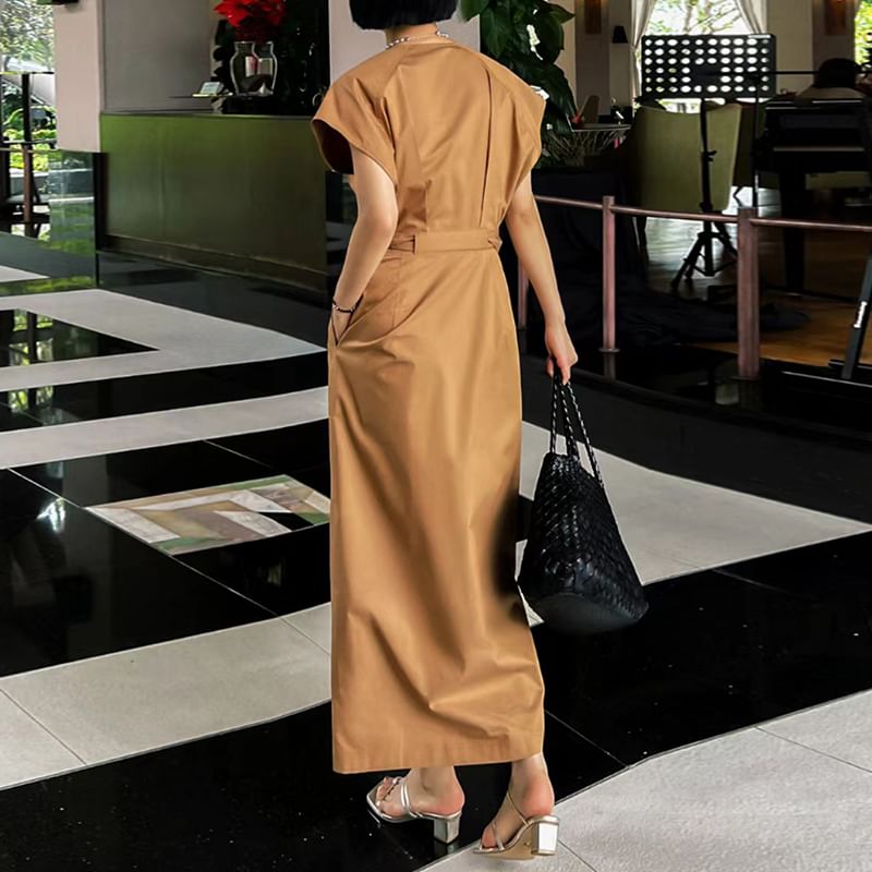 Crew Neck Puff-Sleeve Solid A-Line Maxi Dress