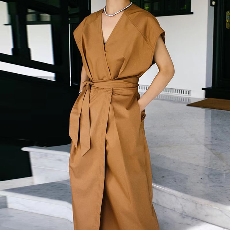 Crew Neck Puff-Sleeve Solid A-Line Maxi Dress