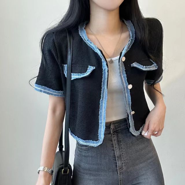 Short-Sleeve Plain Contrast Trim Jacket