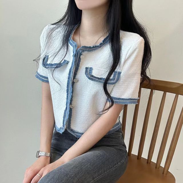 Short-Sleeve Plain Contrast Trim Jacket