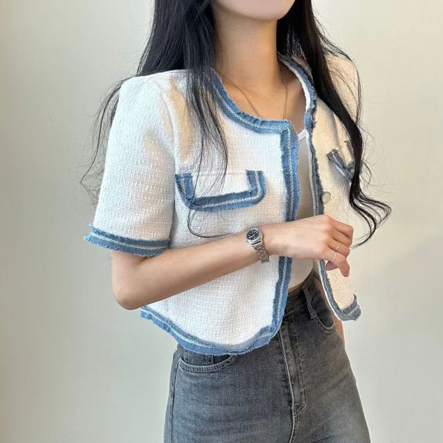 Short-Sleeve Plain Contrast Trim Jacket