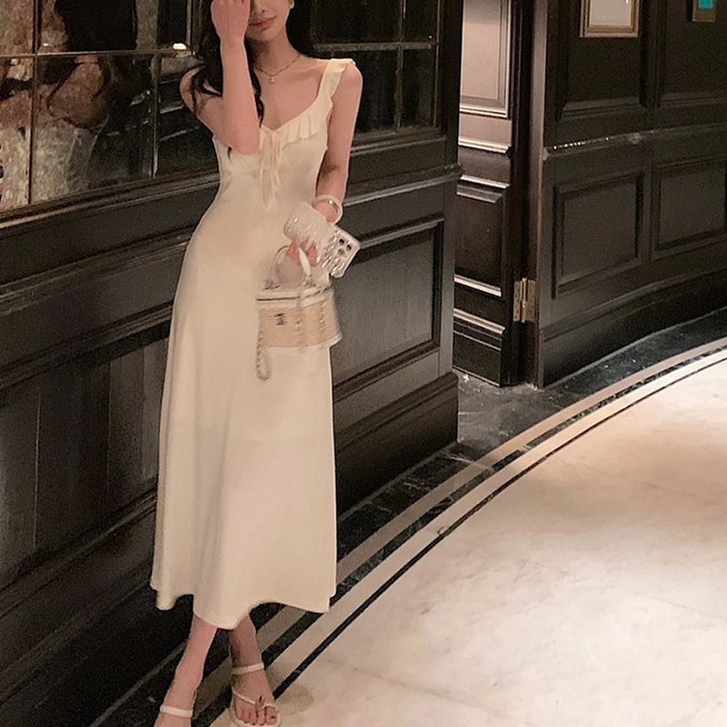 V-Neck Spaghetti Strap Solid A-Line Maxi Dress
