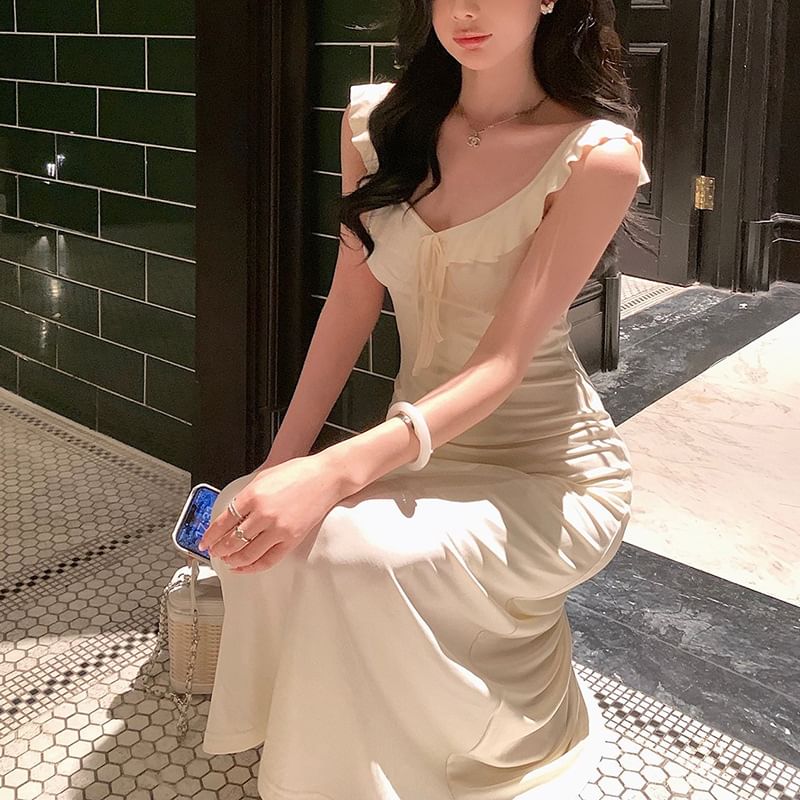 V-Neck Spaghetti Strap Solid A-Line Maxi Dress