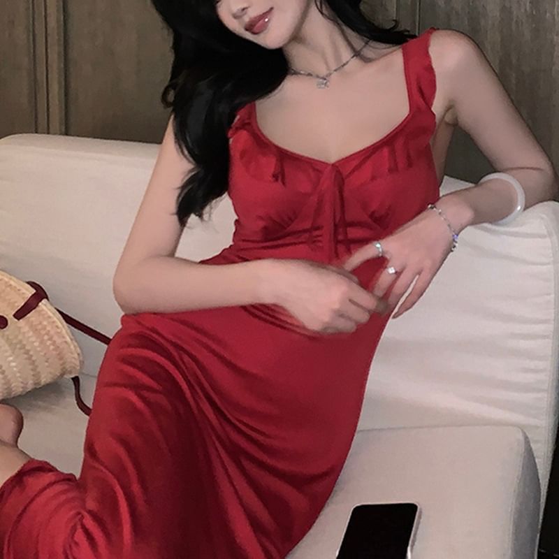 V-Neck Spaghetti Strap Solid A-Line Maxi Dress