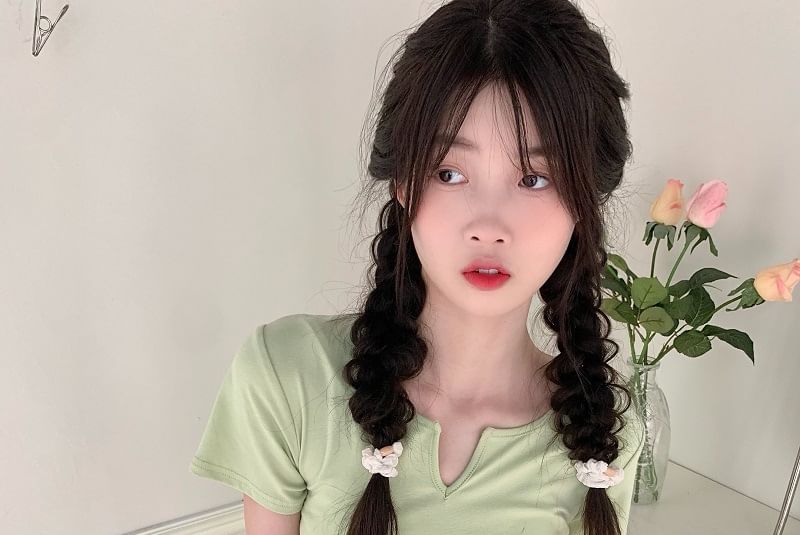 Drawstring Short-Sleeve Notch Plain Neck Waist Tee