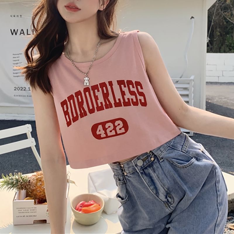 Crop Tank Crew Top Lettering Print Neck Numbering