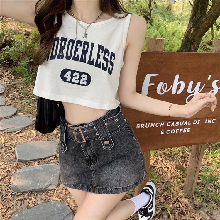 Crop Tank Crew Top Lettering Print Neck Numbering