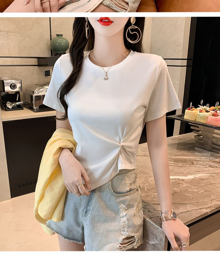 Plain Asymmetrical Crew T-Shirt Neck Ruched Short-Sleeve