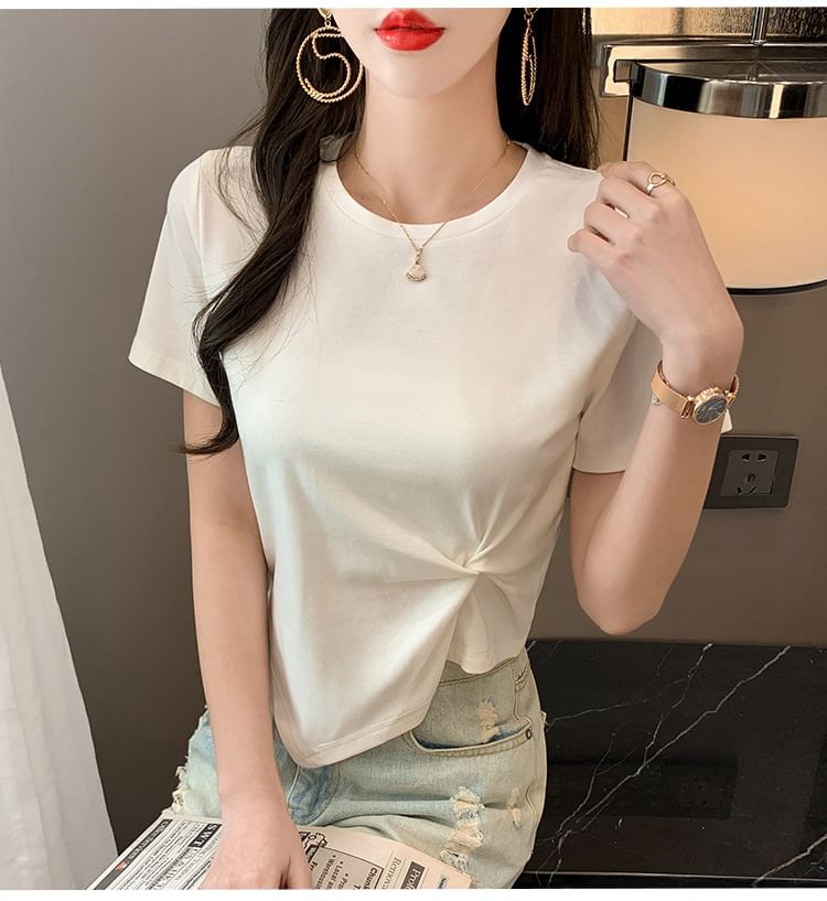 Plain Asymmetrical Crew T-Shirt Neck Ruched Short-Sleeve