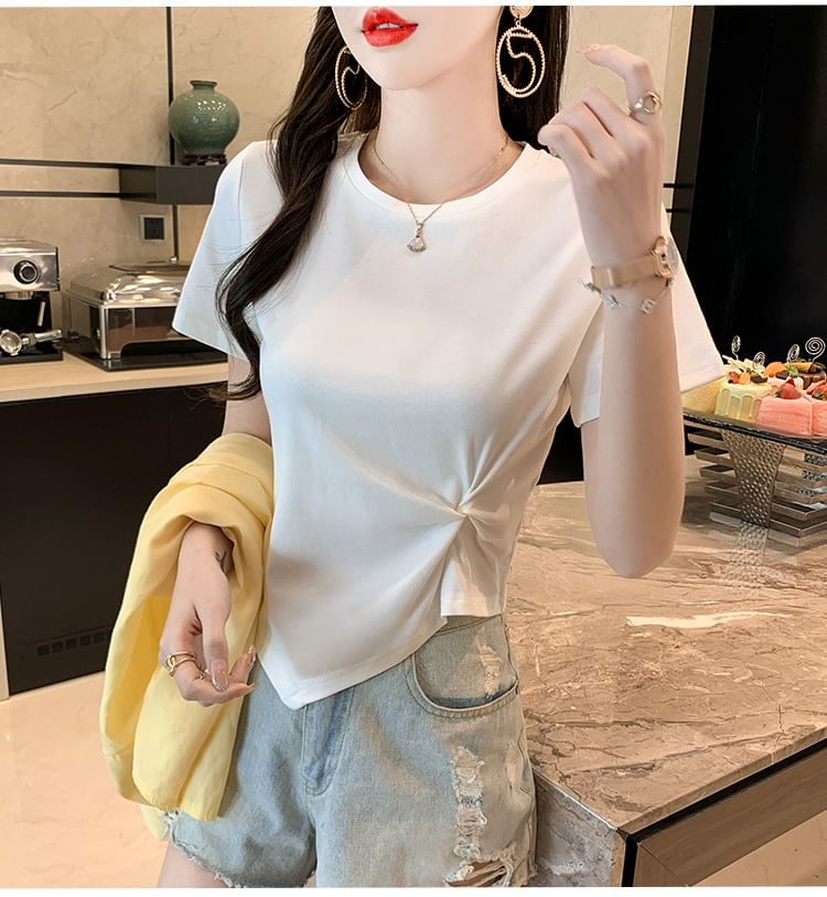 Plain Asymmetrical Crew T-Shirt Neck Ruched Short-Sleeve