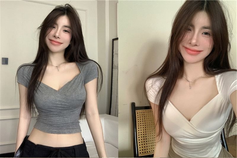 V-Neck T-Shirt Short-Sleeve Wrap Plain